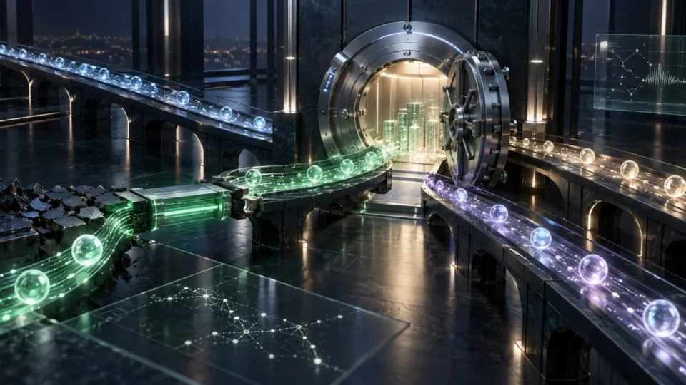 AI-generated conceptual illustration of digital assets flowing back through repaired cross-chain pathways into a secure vault