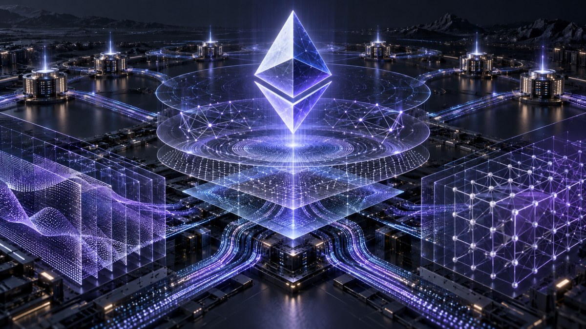 AI-generated conceptual illustration of the Ethereum symbol above layered cryptographic networks and distributed computing infrastructure