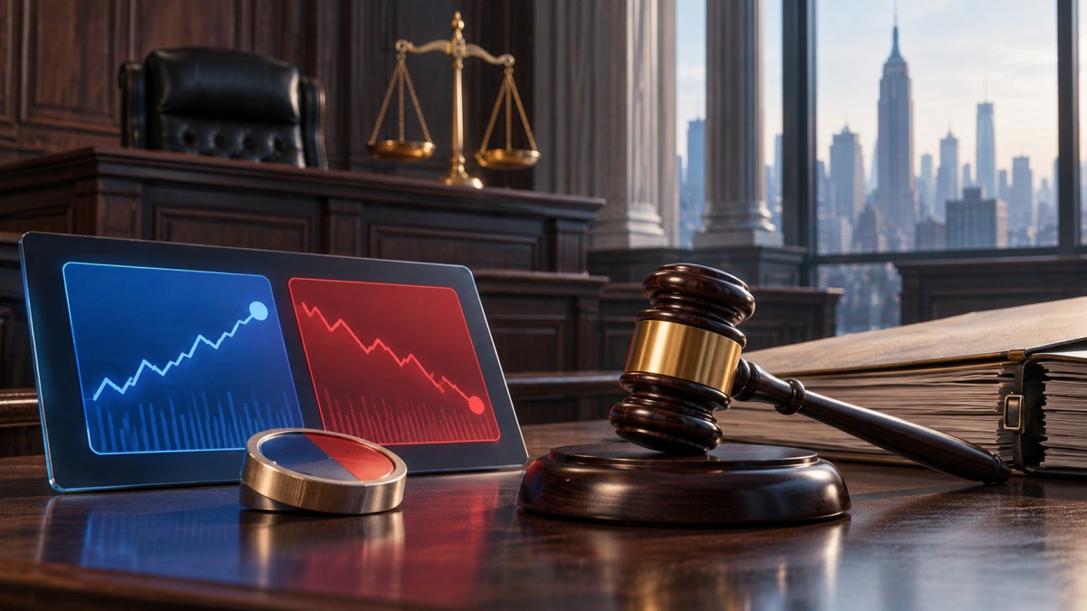 Conceptual New York courtroom scene with a gavel and red-blue prediction-market graphics