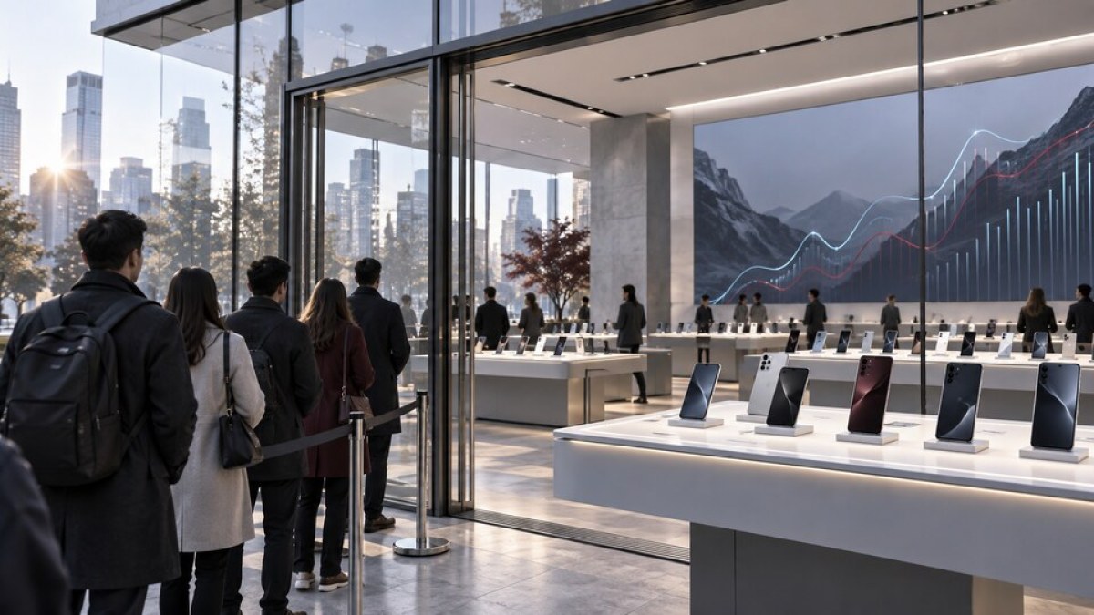 AI-generated editorial image of a modern unbranded smartphone store at opening time with customers, product displays and abstract market charts.