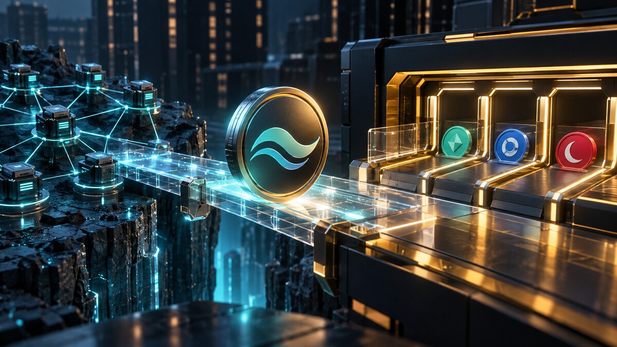 AI-generated editorial illustration of a digital token crossing from an onchain validator network into three centralized spot-market lanes.