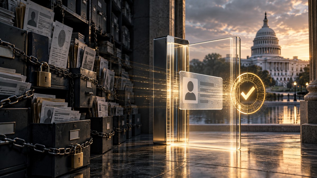 Conceptual illustration of locked identity records beside a privacy-preserving digital credential passing through a secure verification gateway near the U.S. Capitol