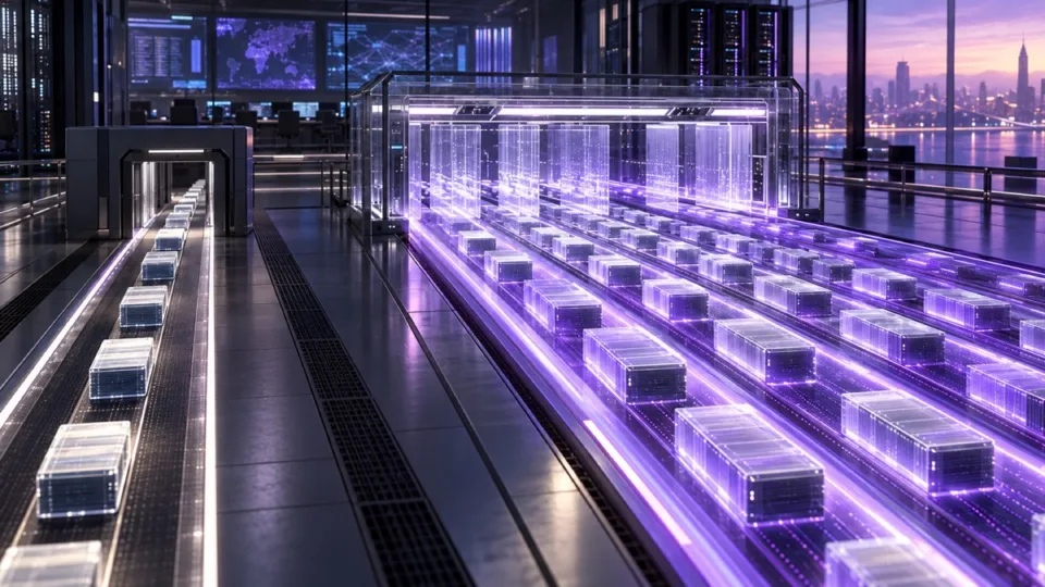 AI-generated conceptual illustration of a blockchain test network expanding from one processing lane into many parallel lanes.