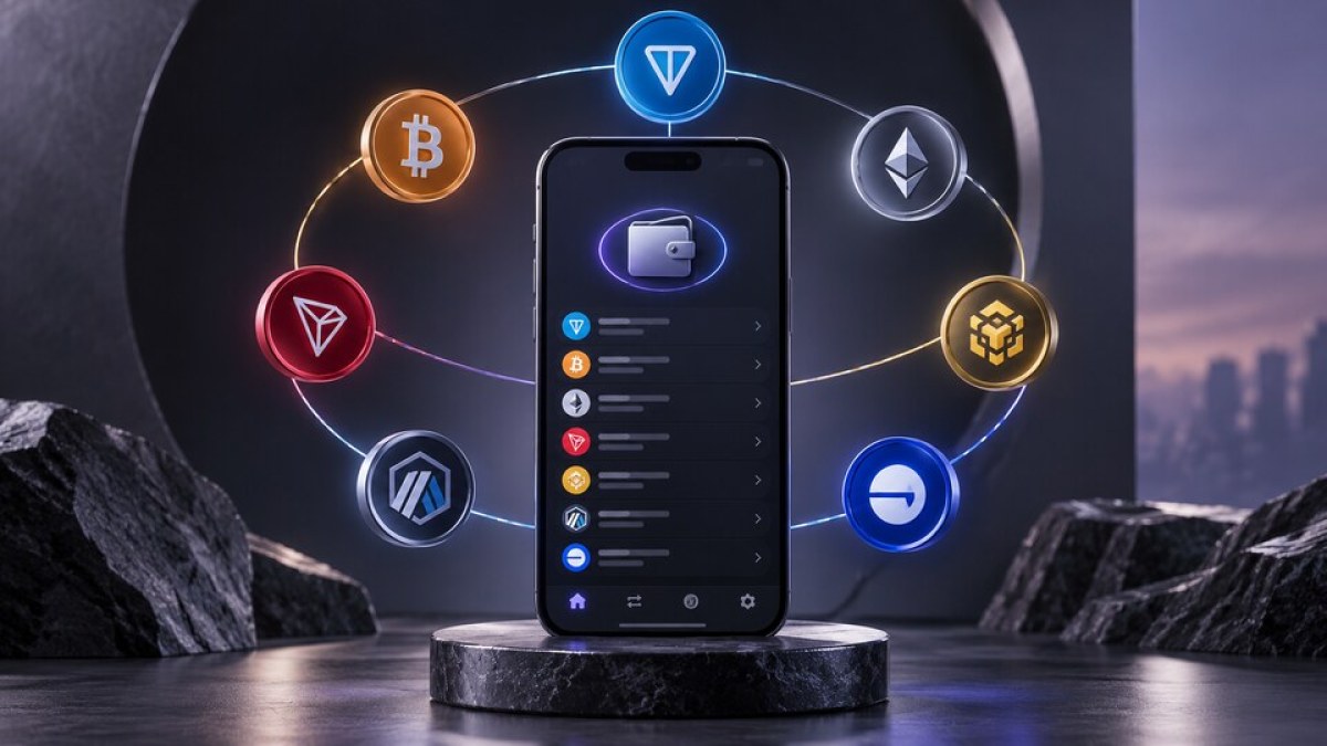 Conceptual editorial image of a self-custody wallet phone linked to seven blockchain network symbols