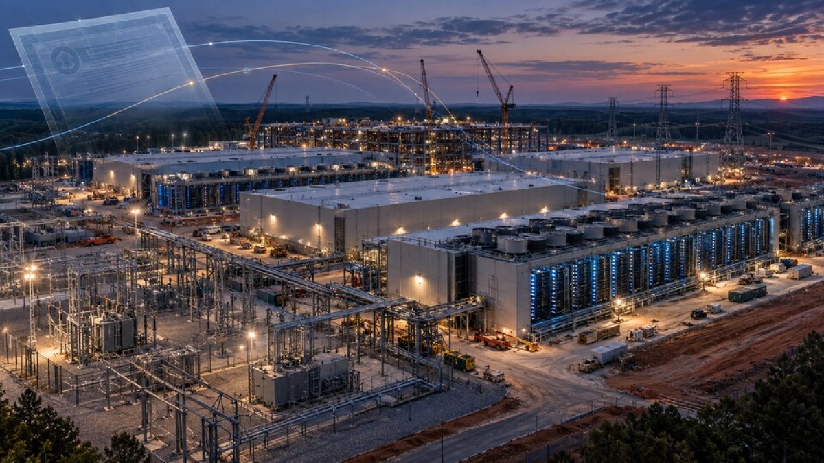 AI-generated conceptual image of a large data-center campus under construction with secured-financing motifs.