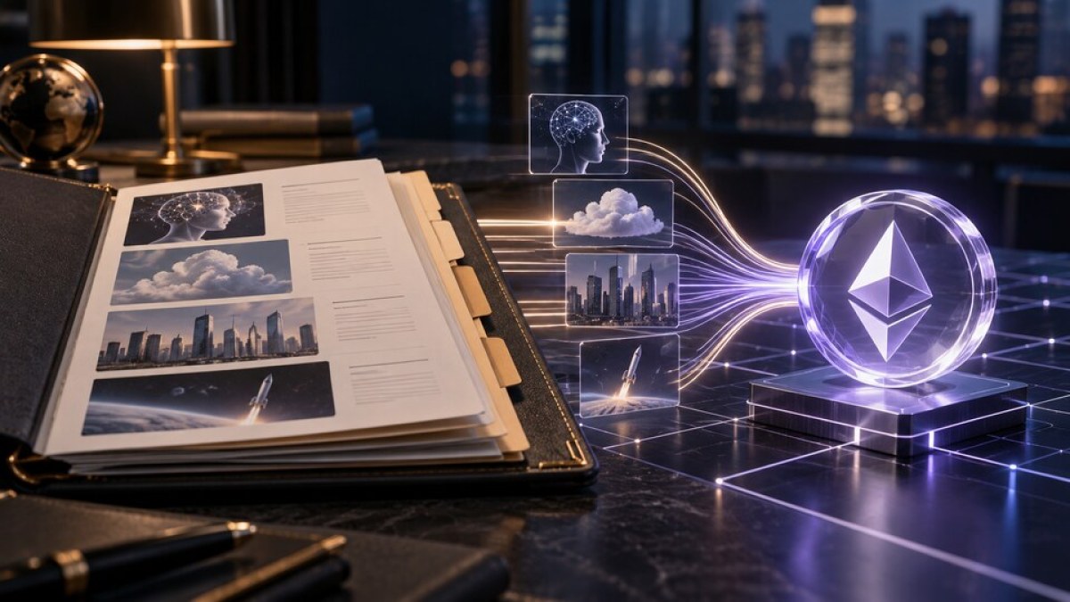 AI-generated editorial illustration of a diversified venture fund portfolio becoming a secured token on an Ethereum ledger.