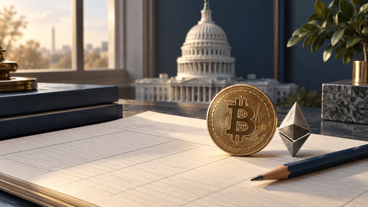 AI-generated conceptual illustration of crypto symbols on a tax ledger with a model of the U.S. Capitol
