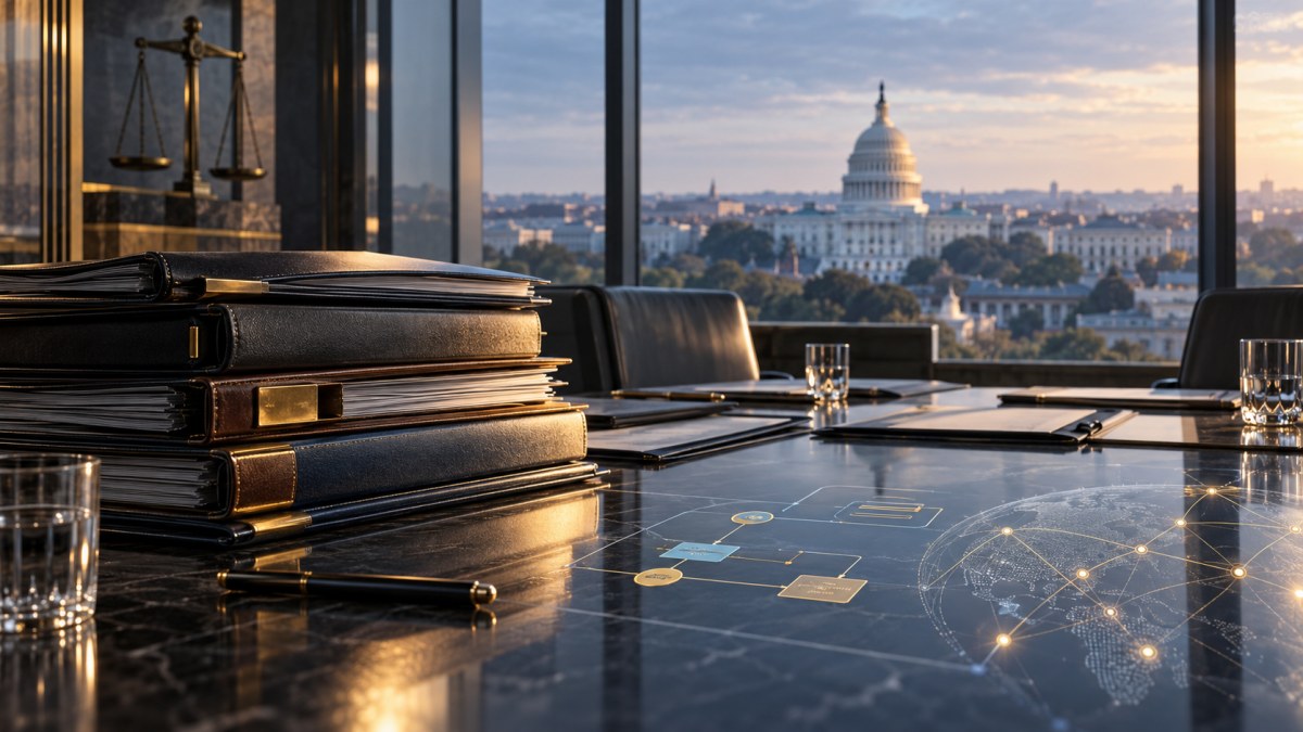 AI-generated conceptual illustration of crypto acquisition files in a deal room overlooking the U.S. Capitol