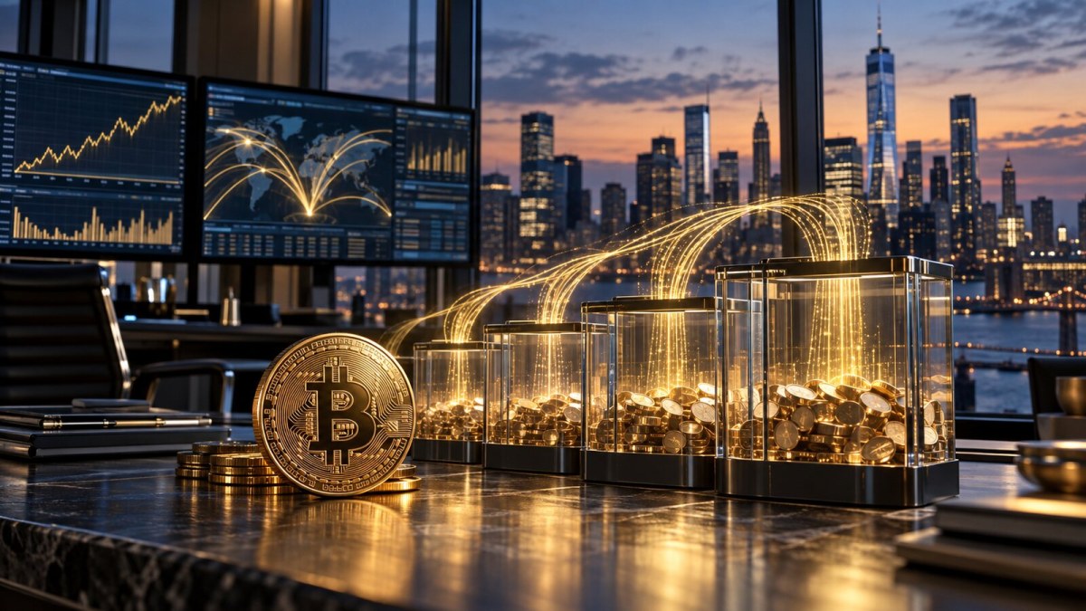AI-generated conceptual image of a Bitcoin coin beside transparent investment-fund containers receiving golden capital flows at a U.S. trading desk