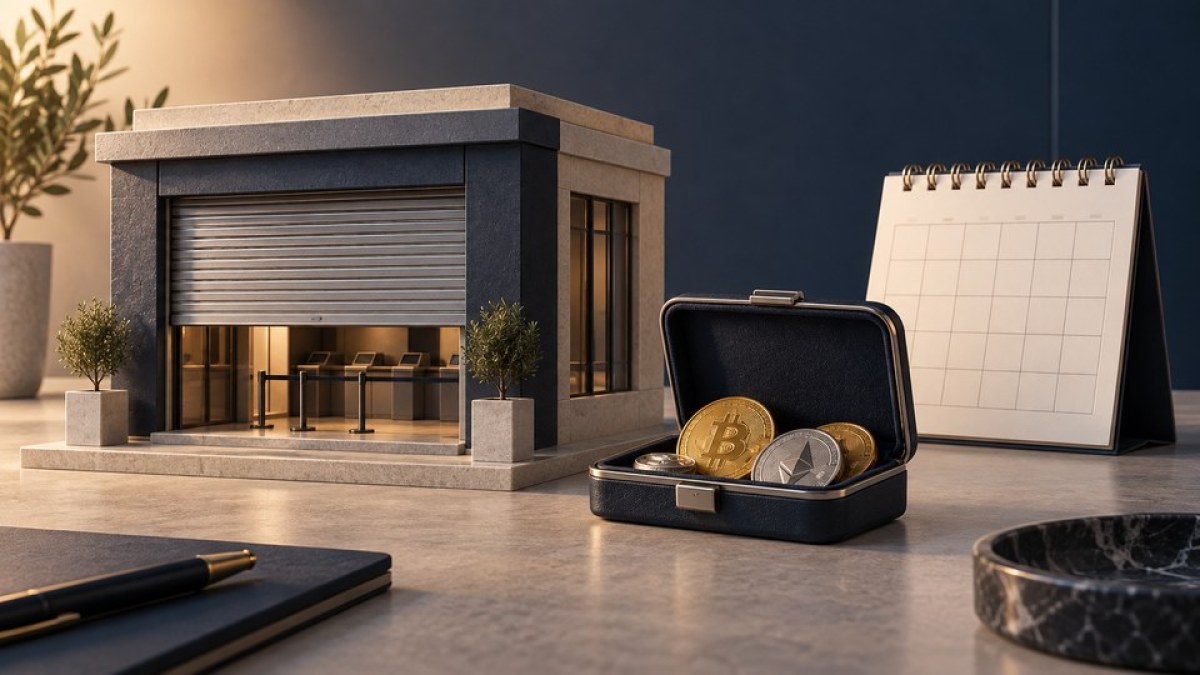 AI-generated conceptual illustration of an exchange shutter closing beside a case of crypto tokens and a blank calendar.