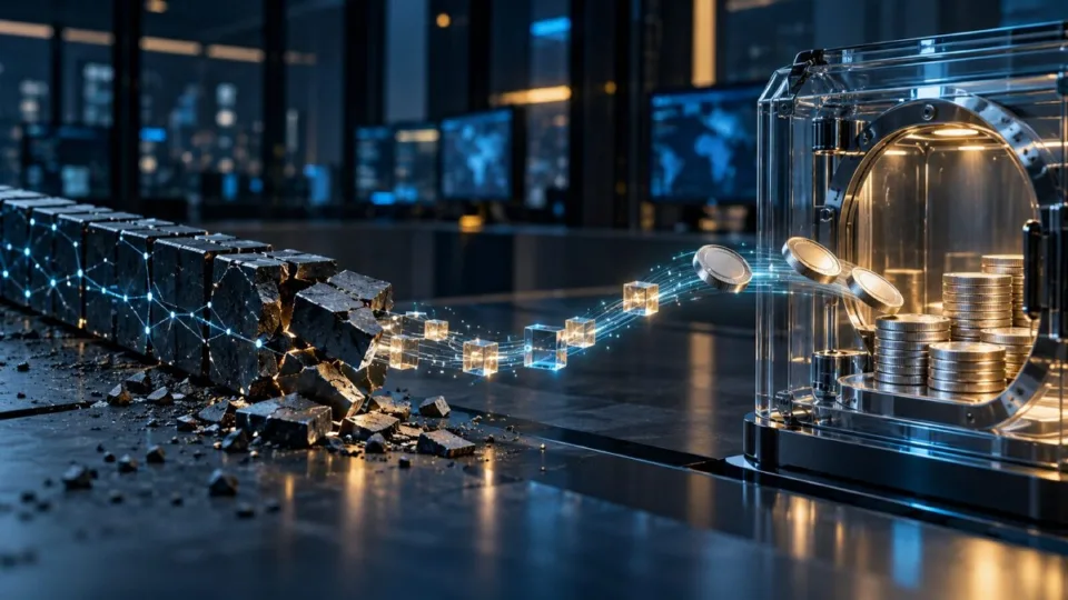 AI-generated conceptual image of recovery tokens moving from a damaged digital ledger into a secured reserve vault