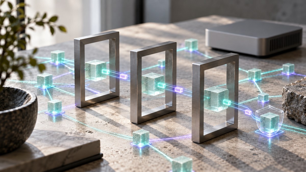 AI-generated conceptual blockchain network with linked glass nodes, transaction frames and a security shield; not an actual event photograph.