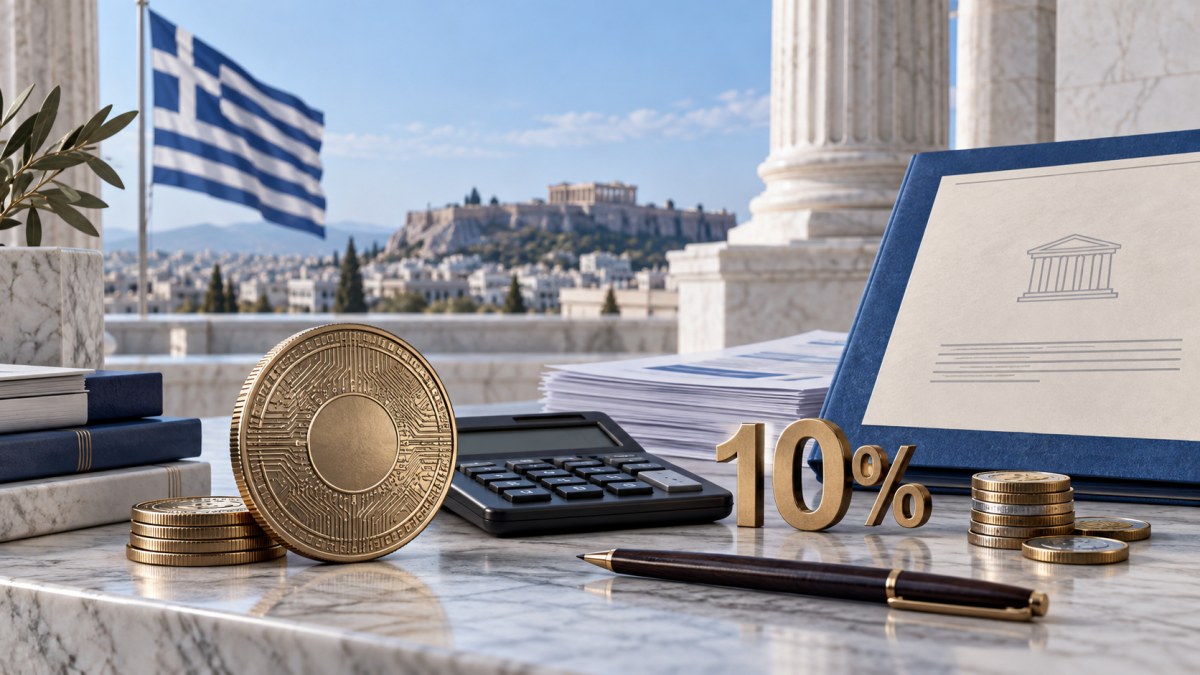 Conceptual illustration of a Greek policy consultation on cryptocurrency taxation, with a calculator, digital coin and 10% figure against an Athens backdrop.