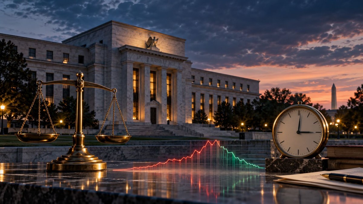 AI-generated conceptual image of a central bank, brass scales, a paused clock and a market line retreating after a sharp rise.