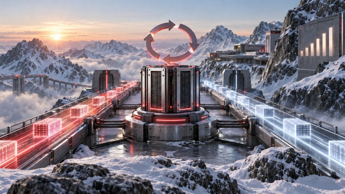 Conceptual illustration of an Avalanche validator in a snowy mountain network with a renewal loop and parallel consensus and execution lanes.