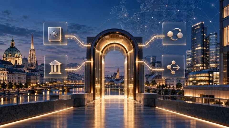 AI-generated concept of a regulated European digital-asset gateway in a Vienna-inspired financial district.