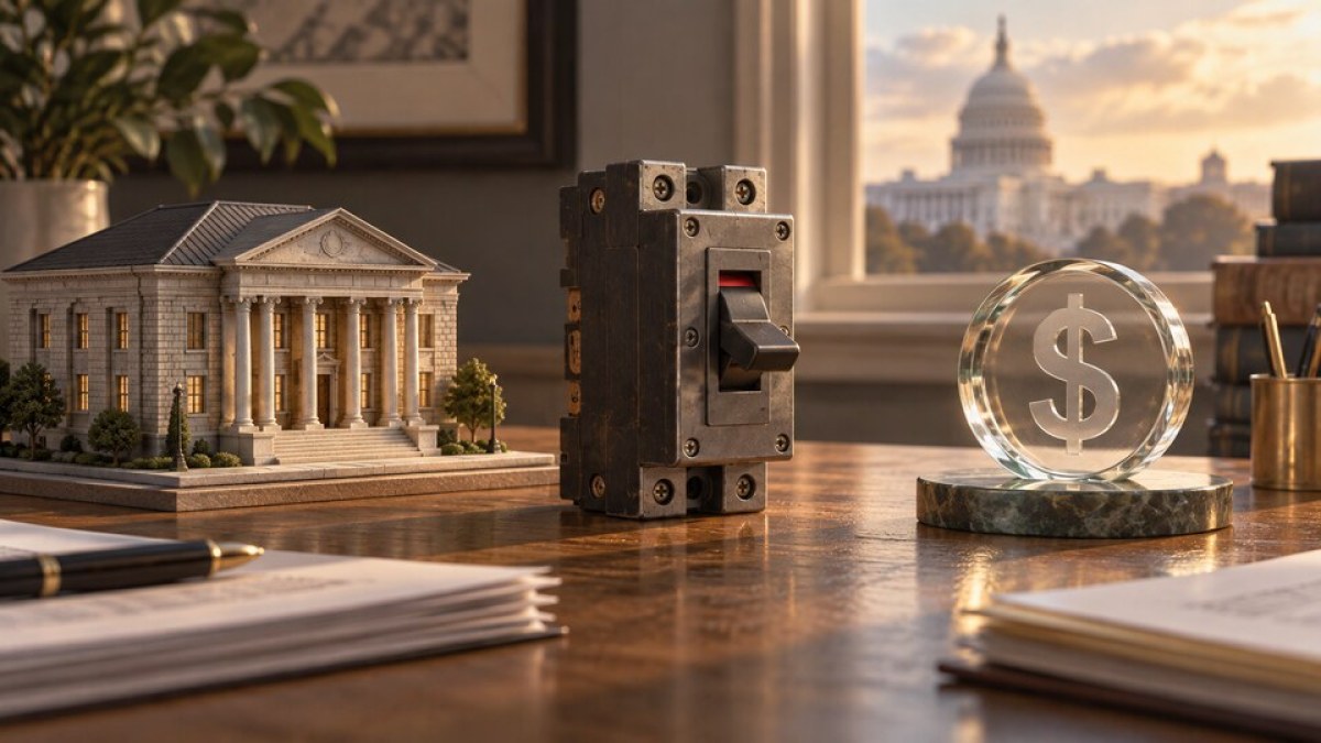 AI-generated conceptual illustration of a community bank model, circuit breaker and glass dollar token