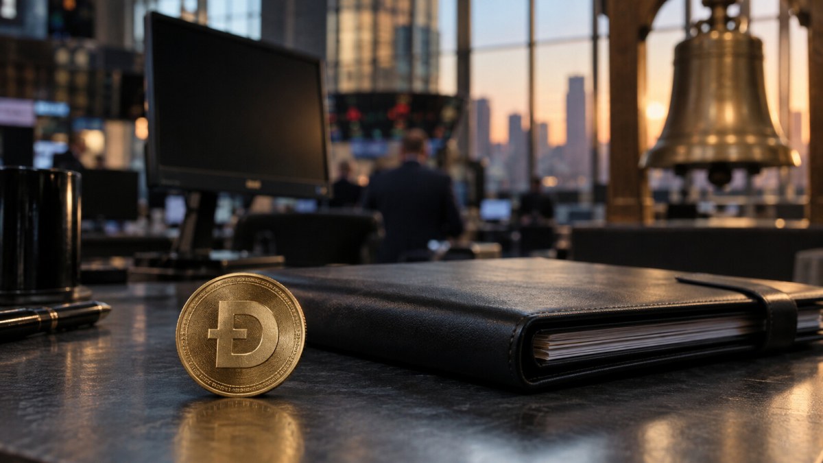 A conceptual Dogecoin coin beside a closed investment folder on an institutional trading desk