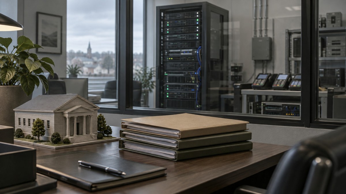 AI-generated conceptual image of a model bank, vendor files and server equipment representing outsourced banking technology.