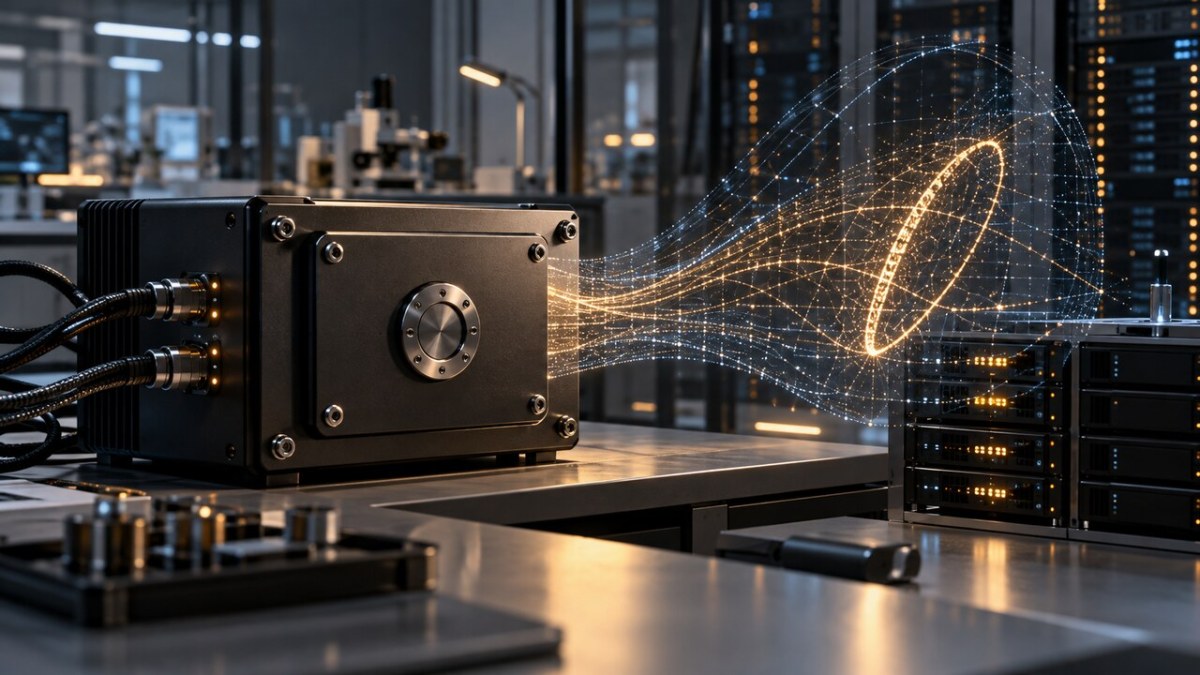 Conceptual illustration of a sealed hardware security module reconstructing a digital signature in a cryptography laboratory