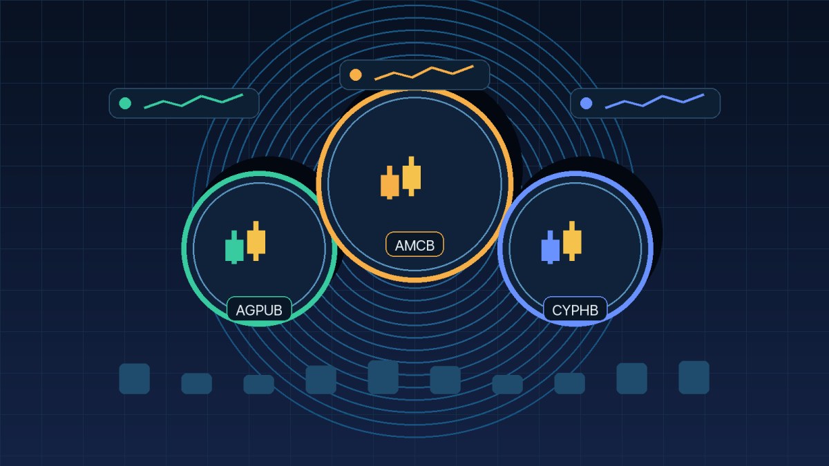 Three tokenized equity instruments represented as digital coins over an exchange dashboard