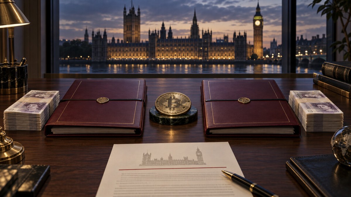 Conceptual illustration of two large donation ledgers beside a digital coin and the UK Parliament at dusk