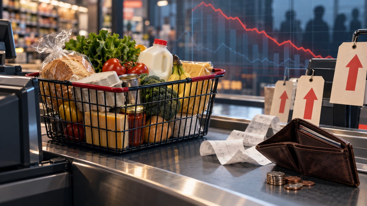 AI-generated conceptual illustration of groceries, rising price tags, an open wallet and a falling consumer-confidence chart.