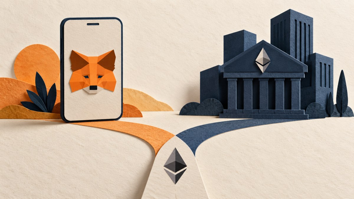AI-generated paper illustration of MetaMask consumer finance branching from Ethereum institutional infrastructure.