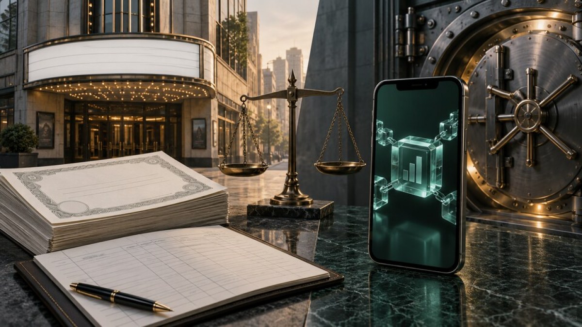 AI-generated illustration of share certificates, a legal scale and a blockchain token beside a cinema