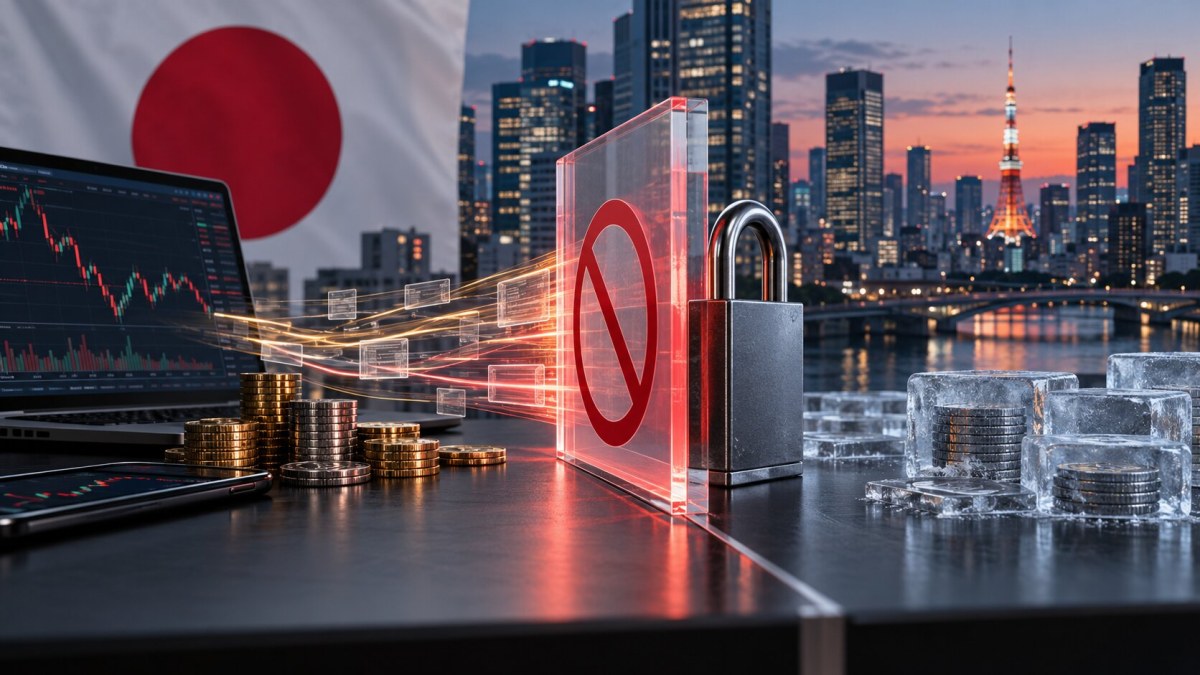 AI-generated editorial image of digital-asset flows meeting a compliance barrier and padlock against a Tokyo skyline and Japanese flag motif.