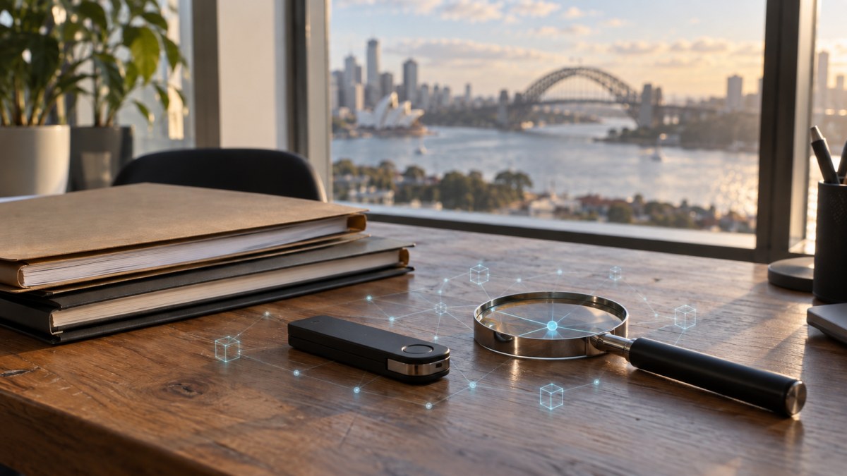 AI-generated editorial illustration of a hardware wallet and regulatory paperwork overlooking Sydney Harbour, with subtle blockchain connections.