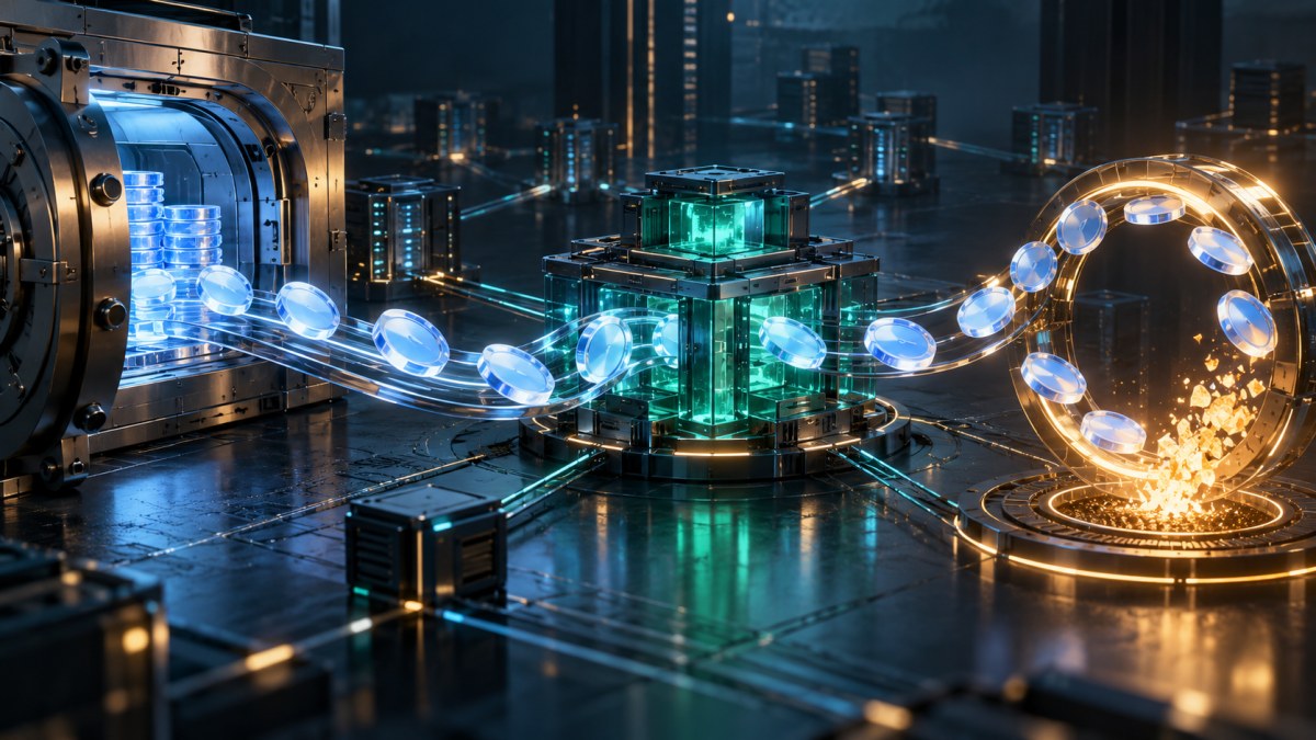 AI-generated editorial illustration of stablecoin reserves flowing through an onchain protocol toward a token buyback mechanism