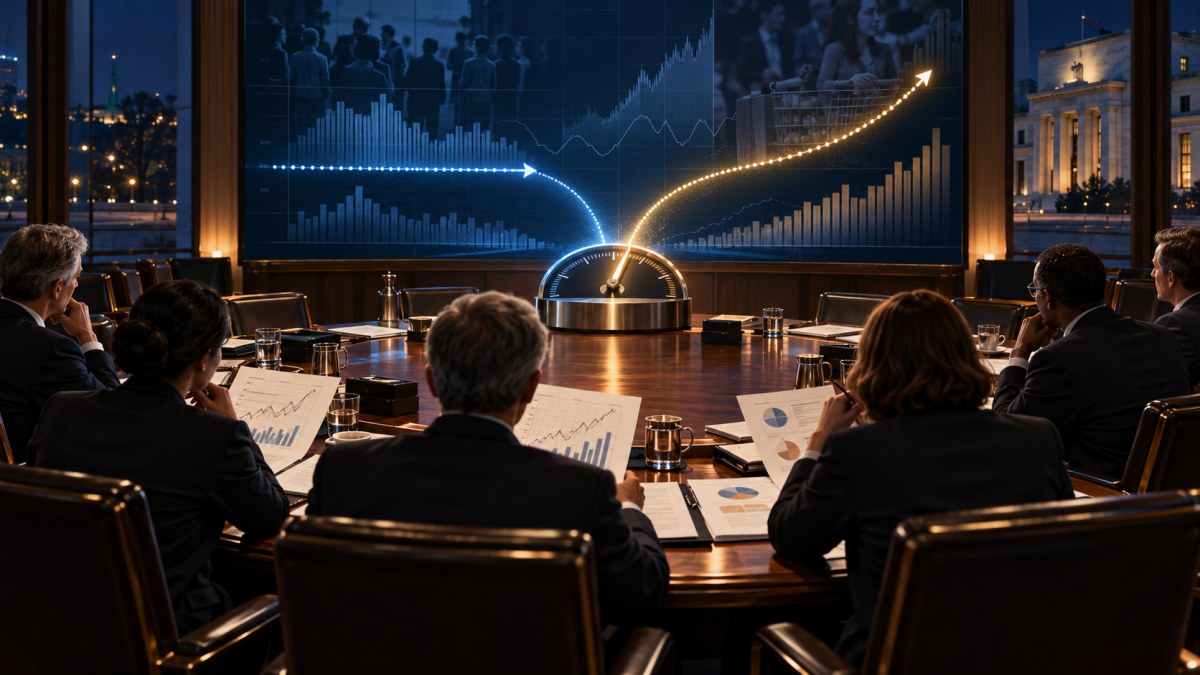 AI-generated conceptual illustration of Federal Reserve policymakers weighing inflation data and interest-rate paths around a conference table