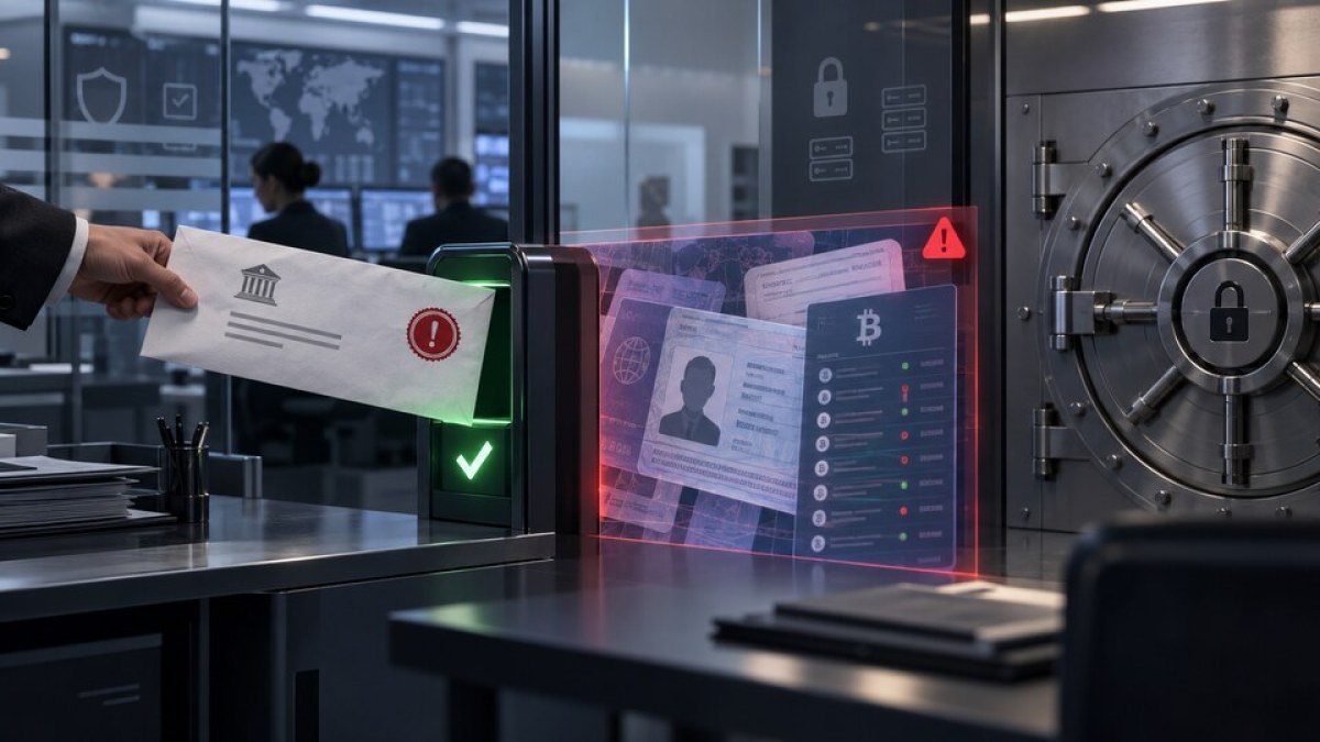 AI-generated illustration of a deceptive agency request exposing identity and Bitcoin records beside a locked vault