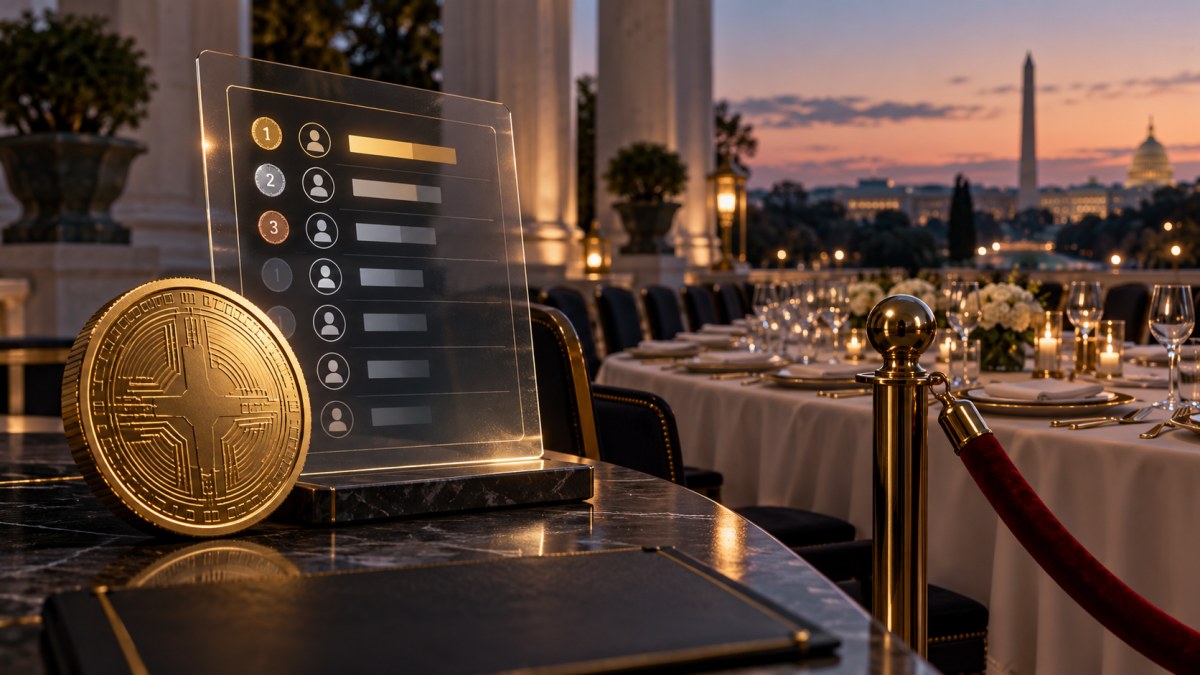 AI-generated conceptual image of a generic crypto token and ranked ledger beside an empty Washington gala table at dusk.