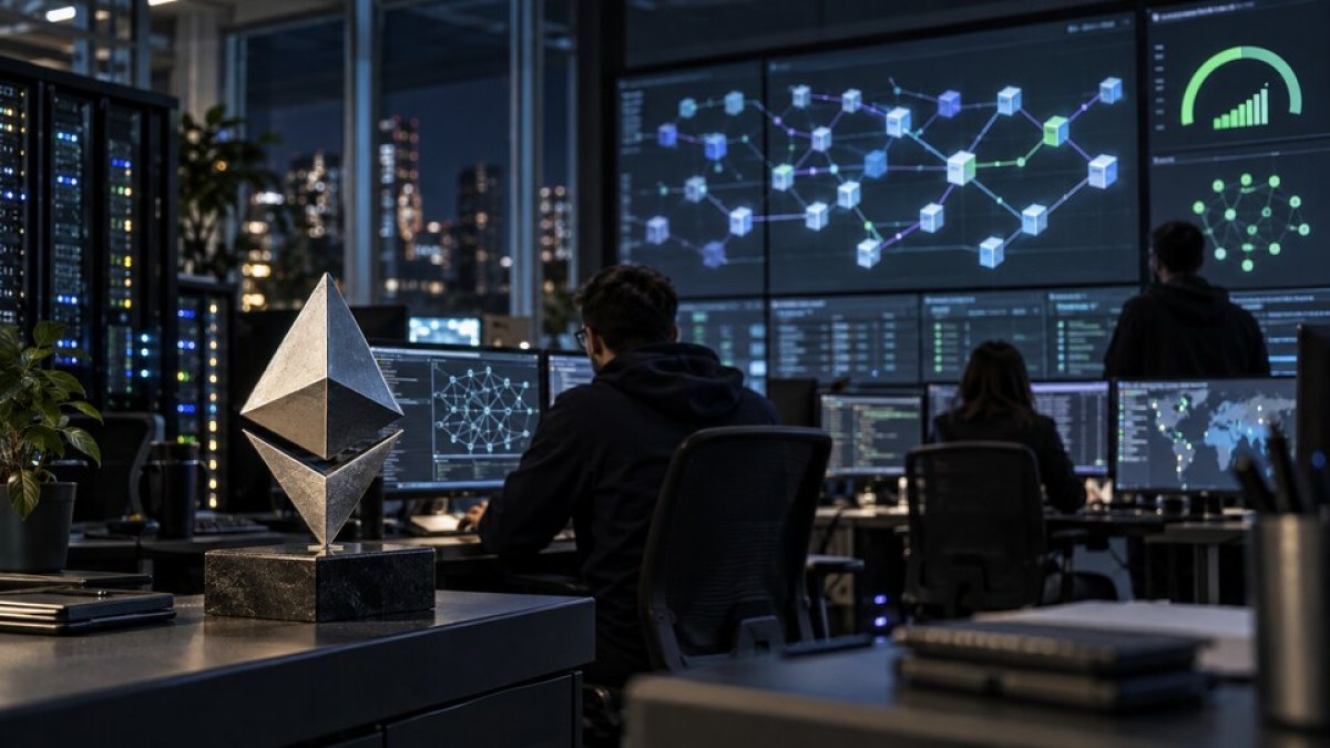 AI-generated conceptual image of engineers monitoring an Ethereum network capacity test in a server operations room.