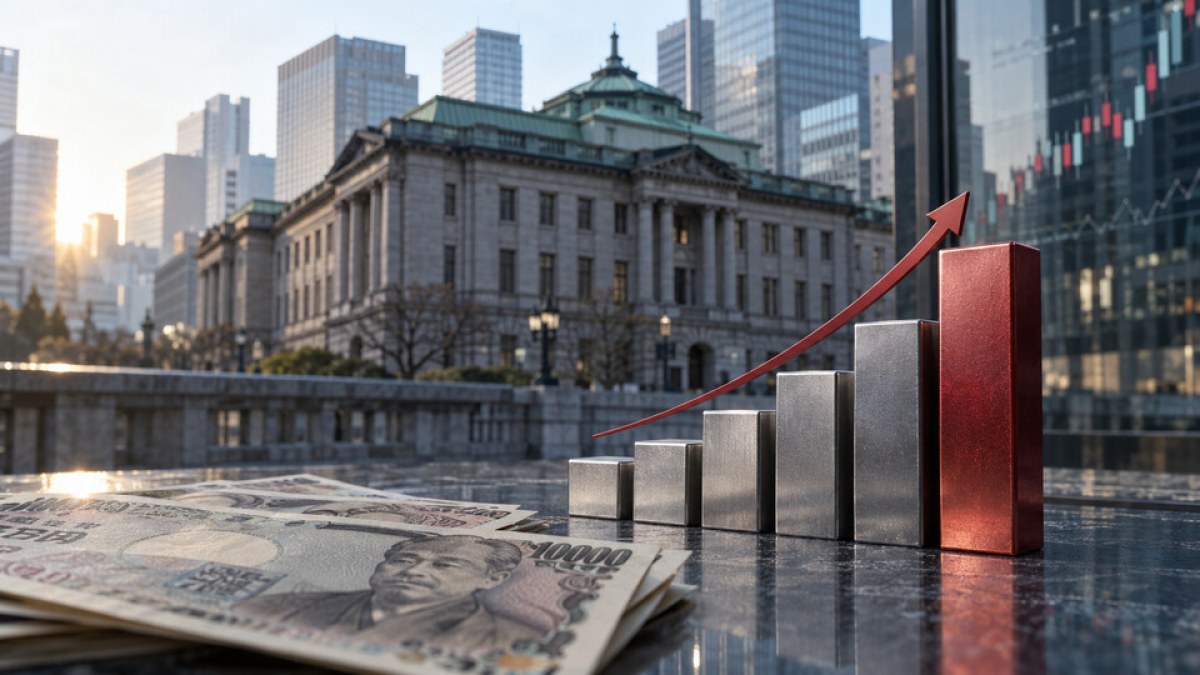 AI-generated conceptual image of Japanese yen notes and rising metal rate bars outside a central-bank building in Tokyo.