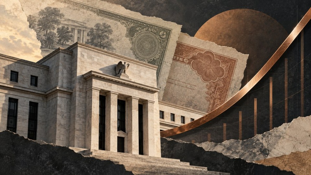 AI-generated paper-collage illustration of the Federal Reserve, bond certificates and a rising copper curve