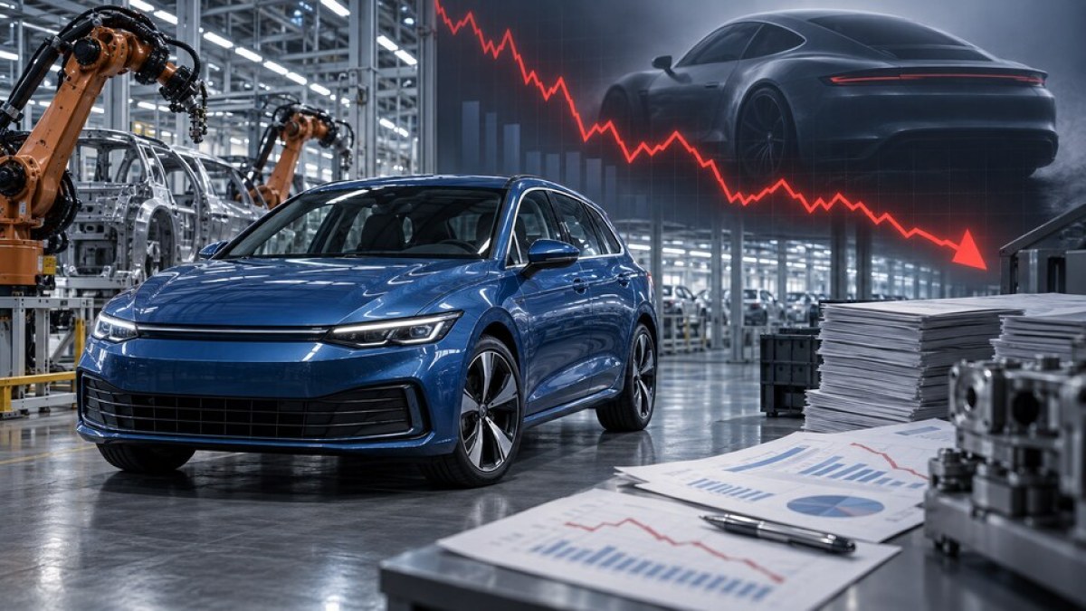 AI-generated editorial image of an unbranded blue car in an automated factory beside a falling financial chart.