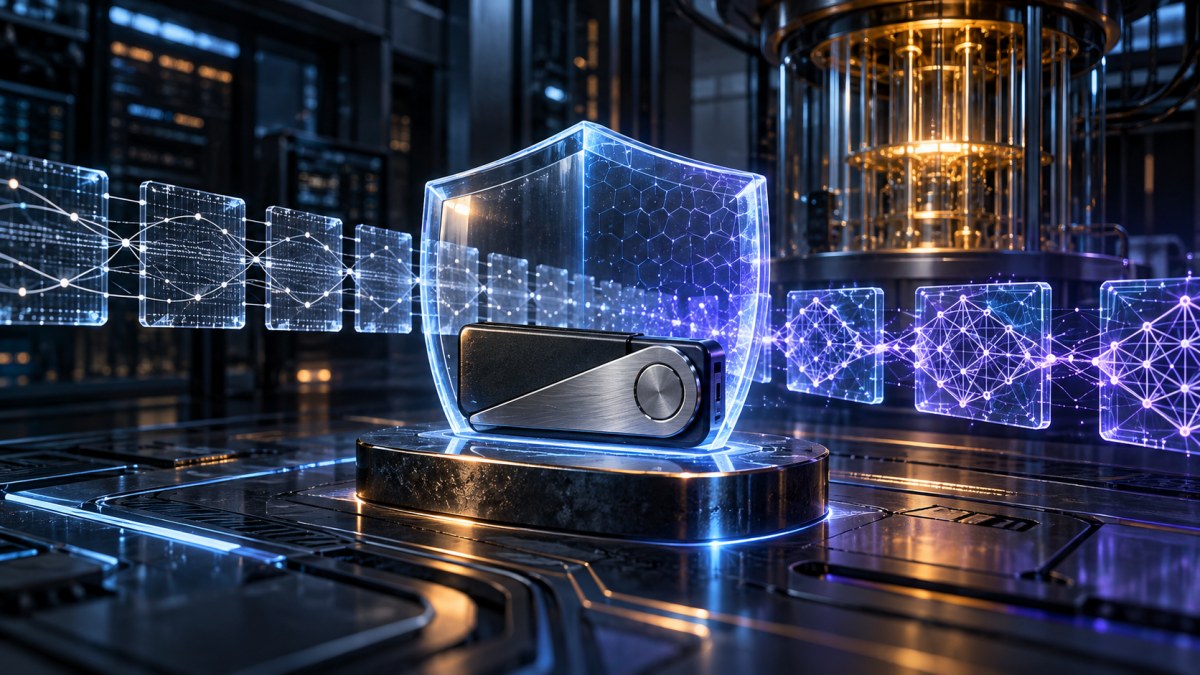 AI-generated editorial illustration of a cryptocurrency wallet shield transitioning toward quantum-resistant security