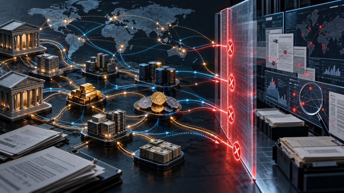 Conceptual global payment network meeting a financial compliance barrier as analysts review cross-border transaction records