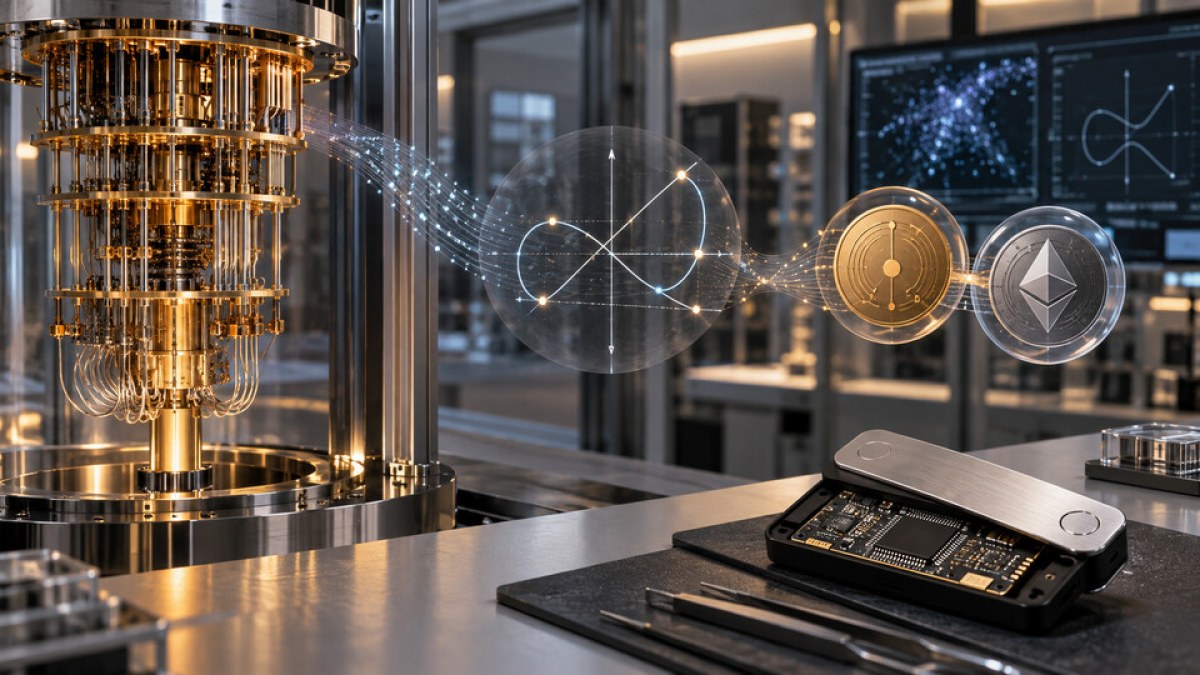 AI-generated illustration of a quantum computer analyzing Bitcoin and Ethereum cryptographic circuitry