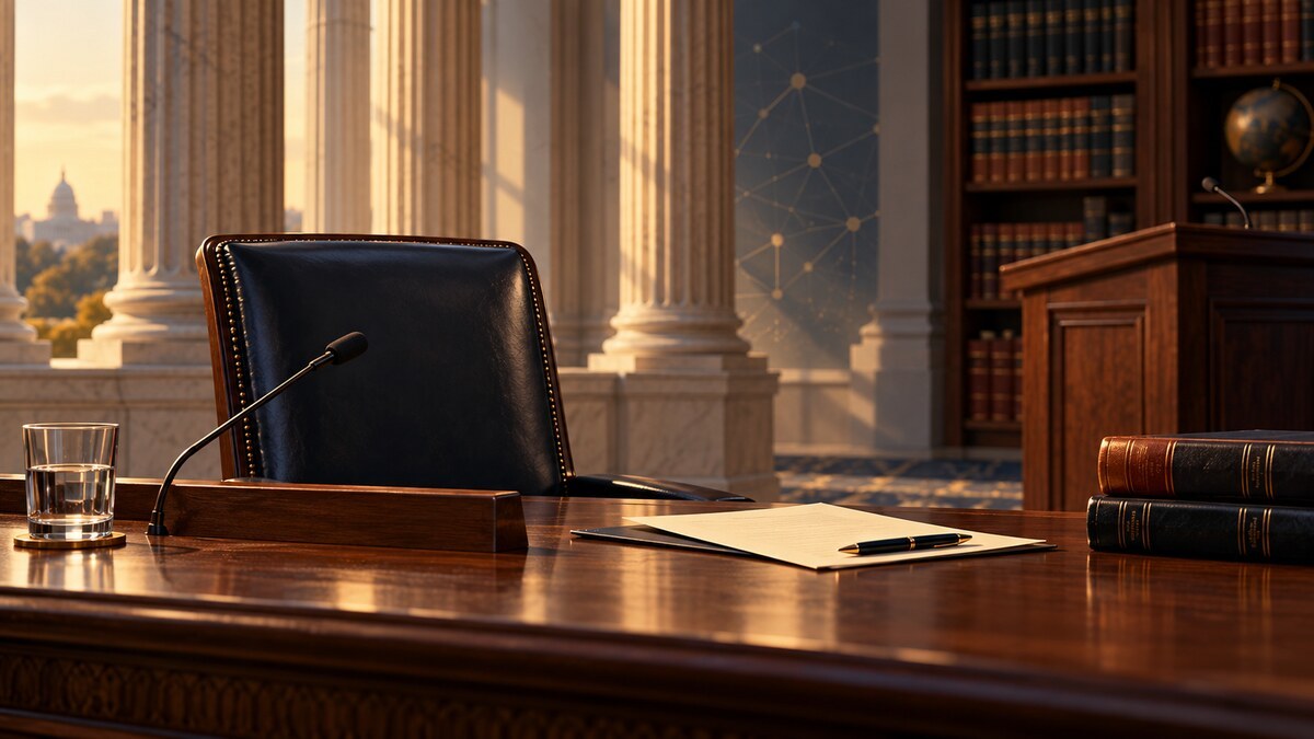 Conceptual illustration of an empty federal commissioner's chair beside a resignation letter, with law books and a lectern in the background