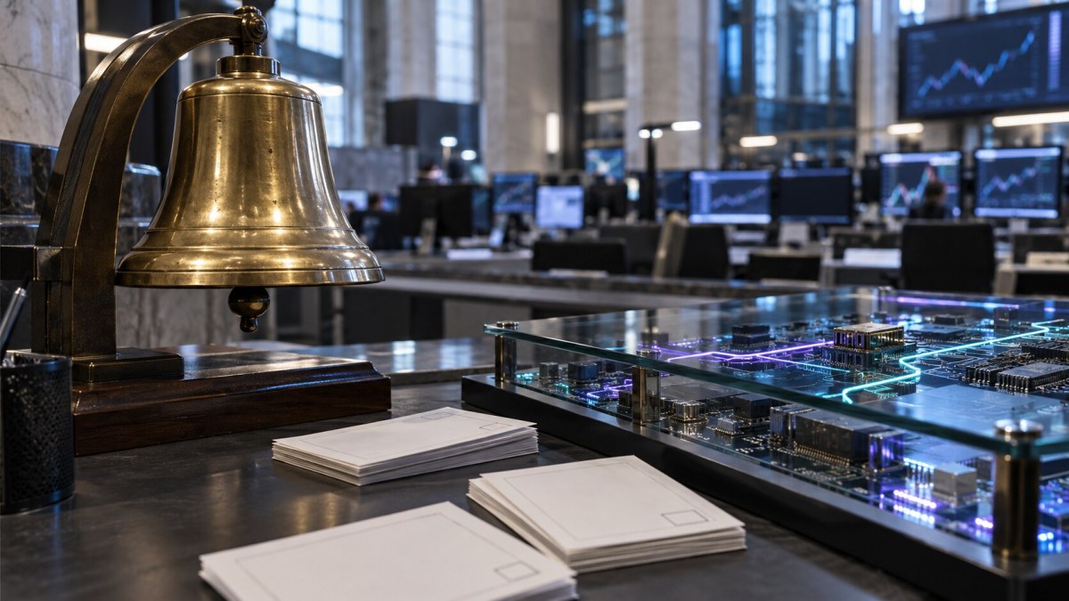 A brass exchange bell beside a conceptual electronic settlement circuit in a modern market operations room