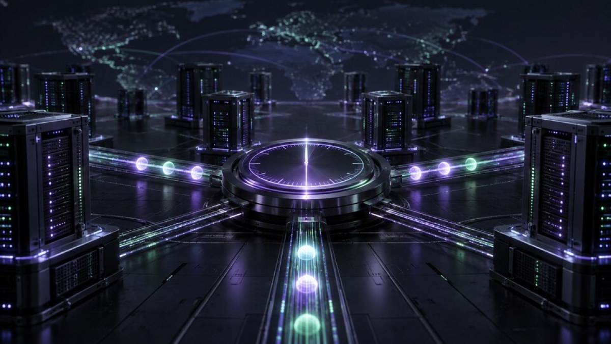 AI-generated conceptual image of a precision clock coordinating high-speed data pulses across a distributed validator network.