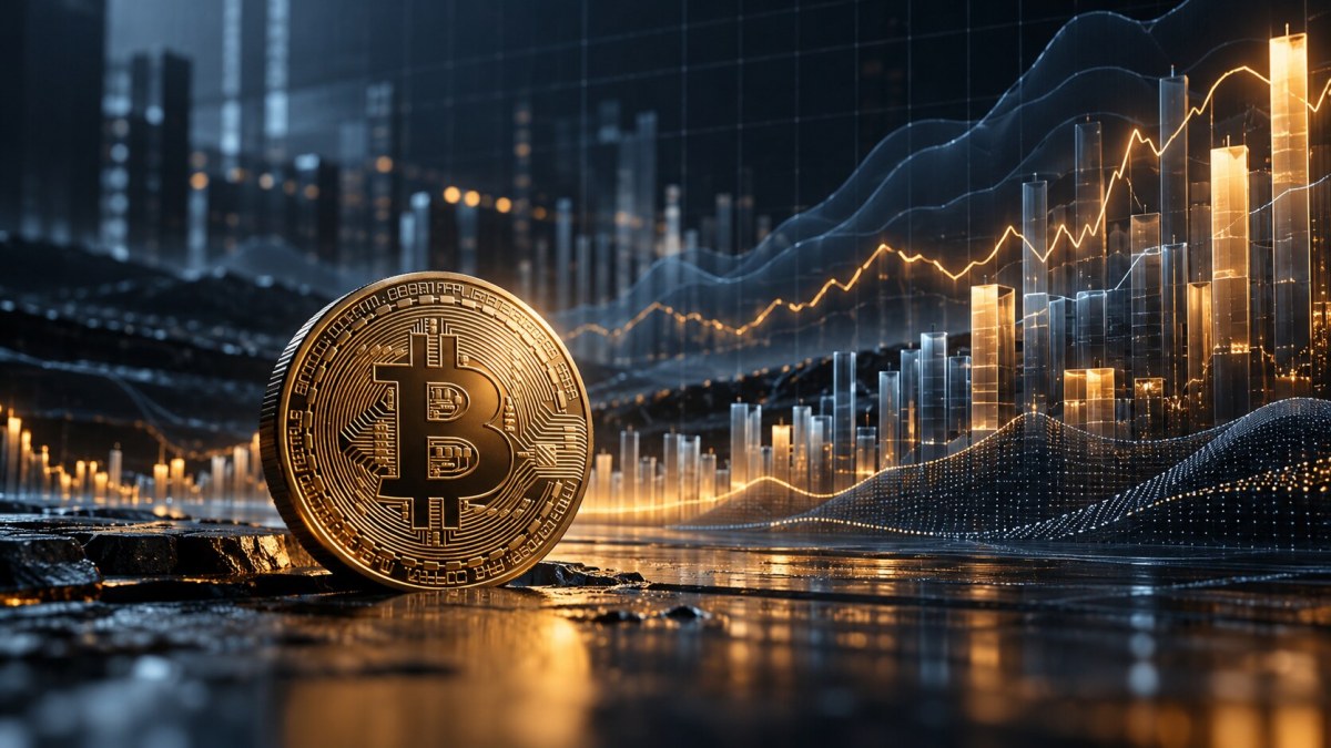 AI-generated conceptual image of a Bitcoin coin beside rising derivatives-position bars and volatile market lines