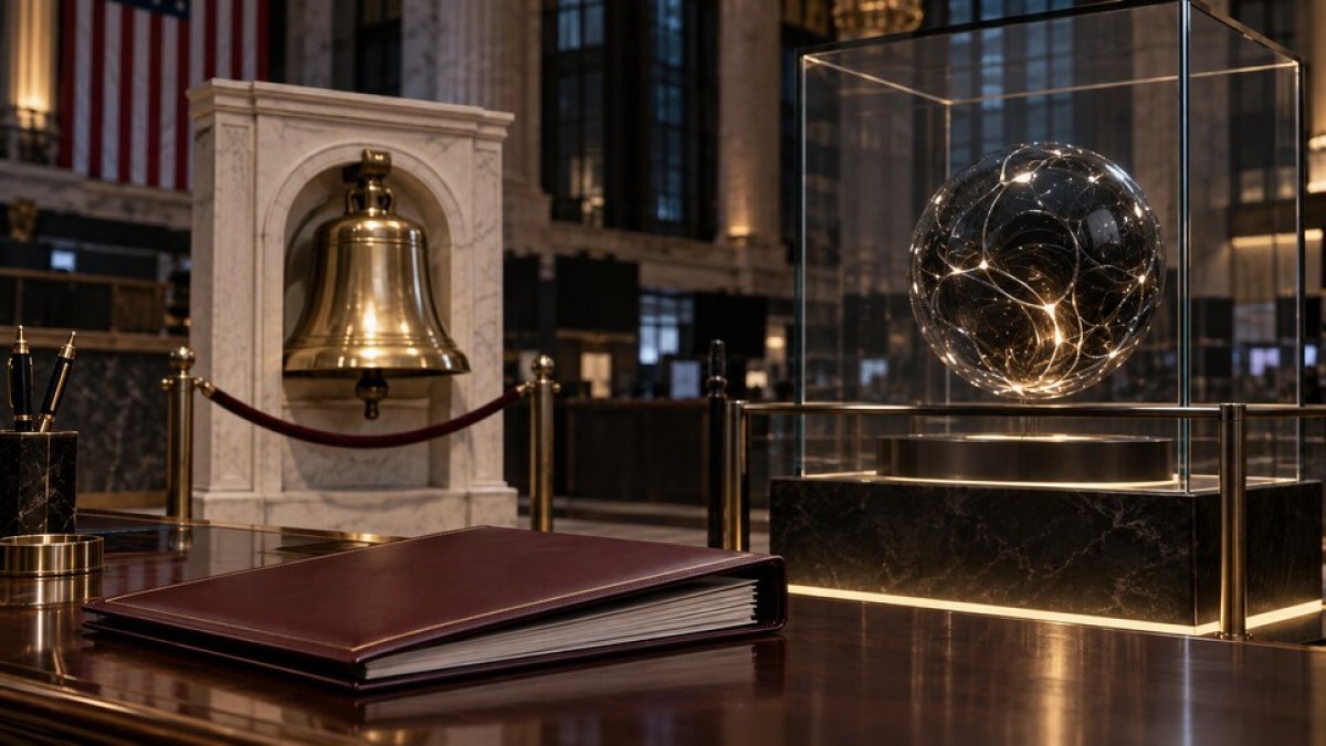 AI-generated illustration of an un-rung stock exchange bell beside a contained abstract AI core and closed prospectus