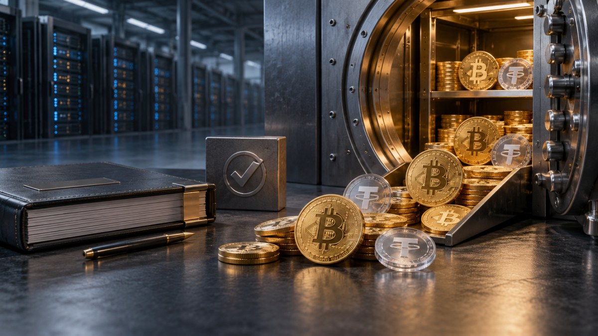 AI-generated conceptual illustration of Bitcoin and stablecoin collateral leaving an open vault beside a settled loan ledger in a data center