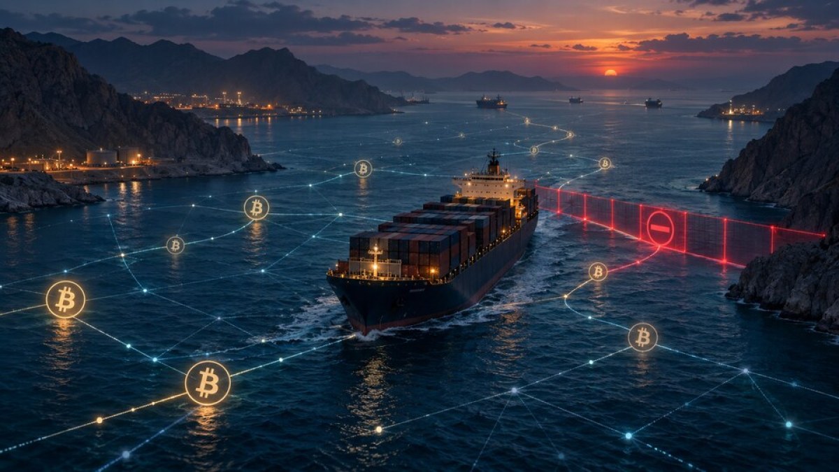 AI-generated editorial illustration of a cargo ship crossing the Strait of Hormuz while a digital Bitcoin network meets a red compliance barrier.