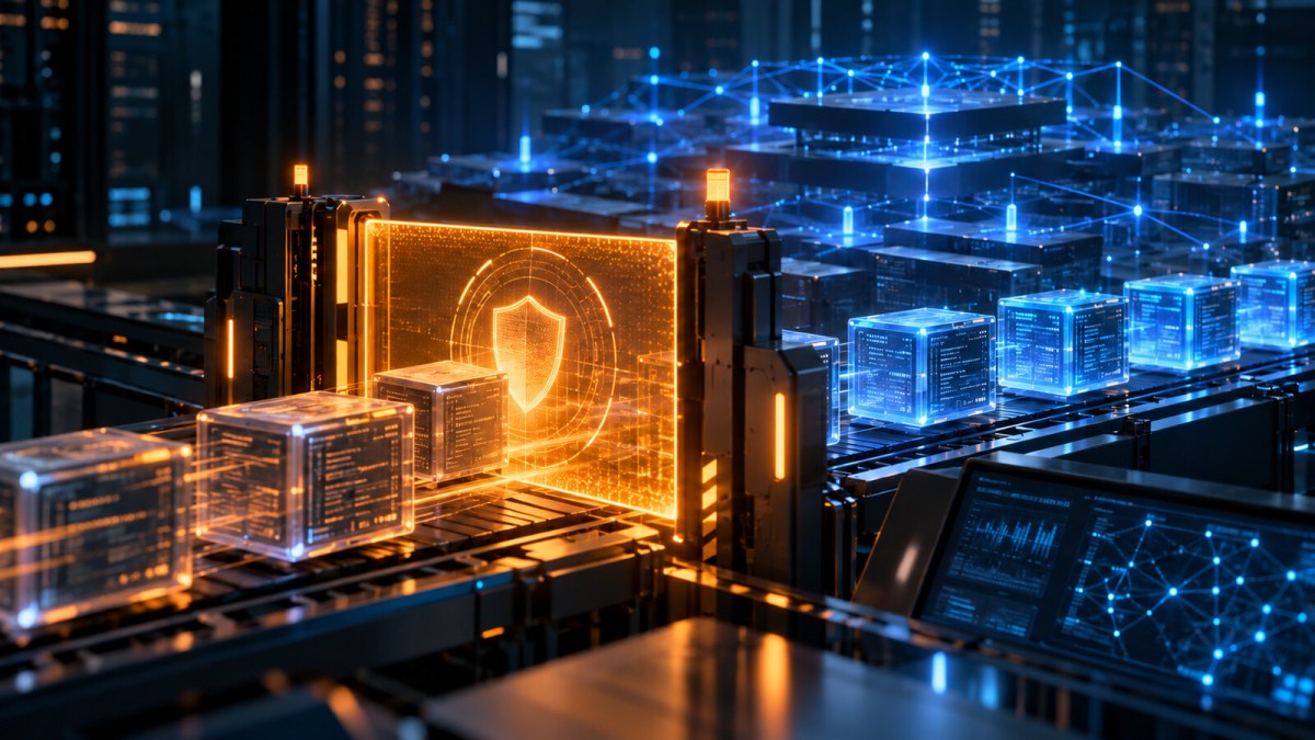 Conceptual security gate pausing new contract blocks while an existing blockchain network continues operating
